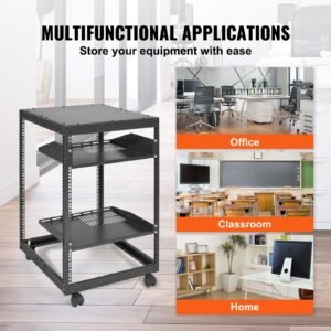 15u open frame server rack, 23 40 in adjustable depth, free standing or wall mount network server rack, 4 post av rack with casters, holds all your networking it equipment av gear router modem
