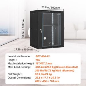 15u wall mount network cabinet, 500 lbs max. ground load capacity, server rack cabinet enclosure with locking tempered glass door, side panels, q235 carbon steel, for it equipment, a/v devices