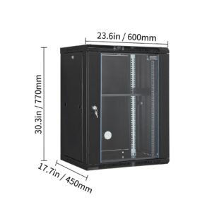 15u wall mount network cabinet, 500 lbs max. ground load capacity, server rack cabinet enclosure with locking tempered glass door, side panels, q235 carbon steel, for it equipment, a/v devices