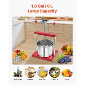 1.6 gal/6l fruit wine press, 2 stainless steel barrels, manual juice maker, cider apple grape tincture honey olive oil making press with t handle for outdoor kitchen home