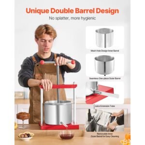 1.6 gal/6l fruit wine press, 2 stainless steel barrels, manual juice maker, cider apple grape tincture honey olive oil making press with t handle for outdoor kitchen home