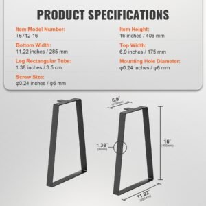 16 inch trapezoid steel table legs, replacement furniture legs set of 2 for diy coffee tables, modern desks, bench, night stands, sofa, max load 400 lbs heavy duty, quick instalation legs black