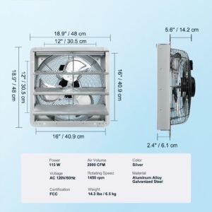 16'' shutter exhaust fan, high speed 2000 cfm, aluminum wall mount attic fan with ac motor, ventilation and cooling for greenhouses, garages, sheds, shops, fcc