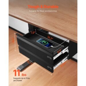 16" wide under desk drawer slide out, under desk mounted pull out drawer attachment, hidden desktop 2 layer storage organizer, under table pencil drawer for home sit stand workstation, 18x9x8 in
