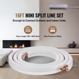 16ft mini split line set, 1/4" & 1/2" o.d copper pipes tubing and triple layer insulation, for air conditioning or heating pump equipment & hvac with rich accessories (18ft connection cable)