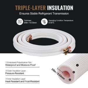 16ft mini split line set, 1/4" & 1/2" o.d copper pipes tubing and triple layer insulation, for air conditioning or heating pump equipment & hvac with rich accessories (18ft connection cable)