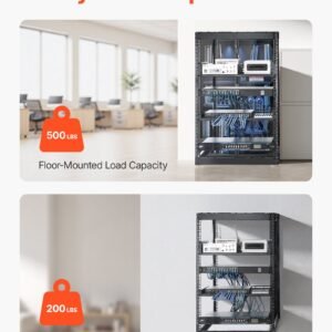 16u open frame network rack, 23 in depth, wall mounted or floor standing server rack, heavy duty 4 post, with vented shelves & mounting hardware, holds all your networking it equipment av gear