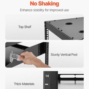 16u open frame network rack, 23 in depth, wall mounted or floor standing server rack, heavy duty 4 post, with vented shelves & mounting hardware, holds all your networking it equipment av gear