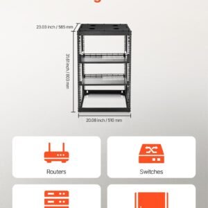 16u open frame network rack, 23 in depth, wall mounted or floor standing server rack, heavy duty 4 post, with vented shelves & mounting hardware, holds all your networking it equipment av gear
