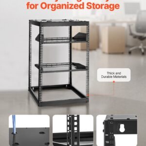 16u open frame network rack, 23 in depth, wall mounted or floor standing server rack, heavy duty 4 post, with vented shelves & mounting hardware, holds all your networking it equipment av gear