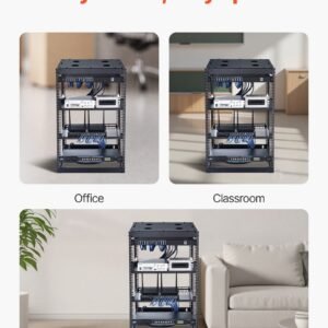 16u open frame network rack, 23 in depth, wall mounted or floor standing server rack, heavy duty 4 post, with vented shelves & mounting hardware, holds all your networking it equipment av gear