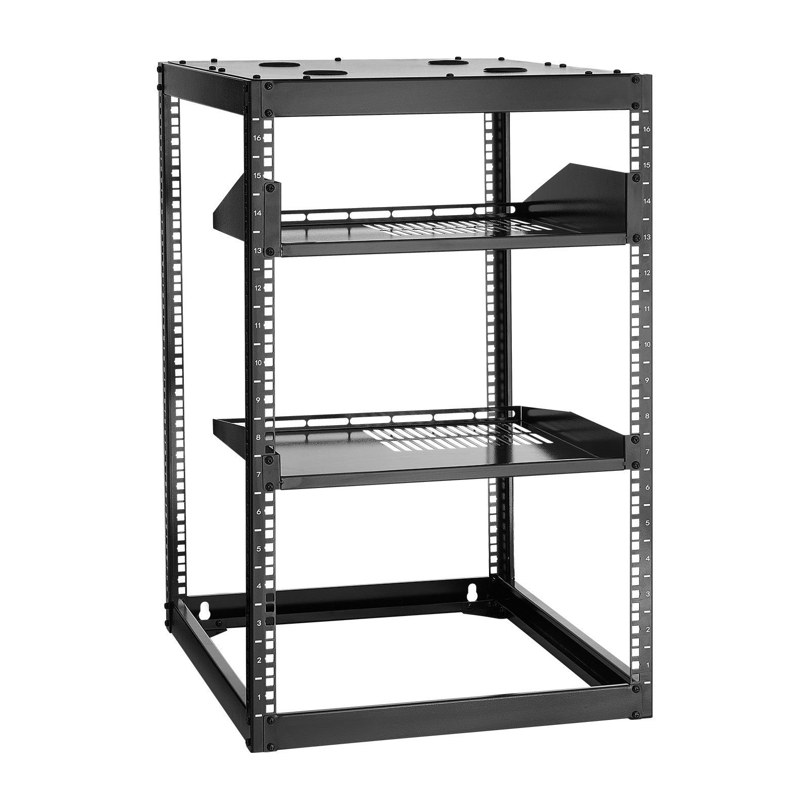 16u open frame network rack, 23 in depth, wall mounted or floor standing server rack, heavy duty 4 post, with vented shelves & mounting hardware, holds all your networking it equipment av gear