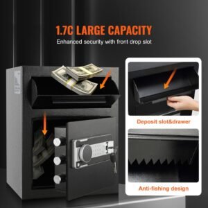 1.7 cub depository safe, deposit safe with drop slot, electronic code lock and 2 emergency keys, 17.71'' x 13.77'' x 13.77'' business drop slot safe for cash, mail in home, hotel, office