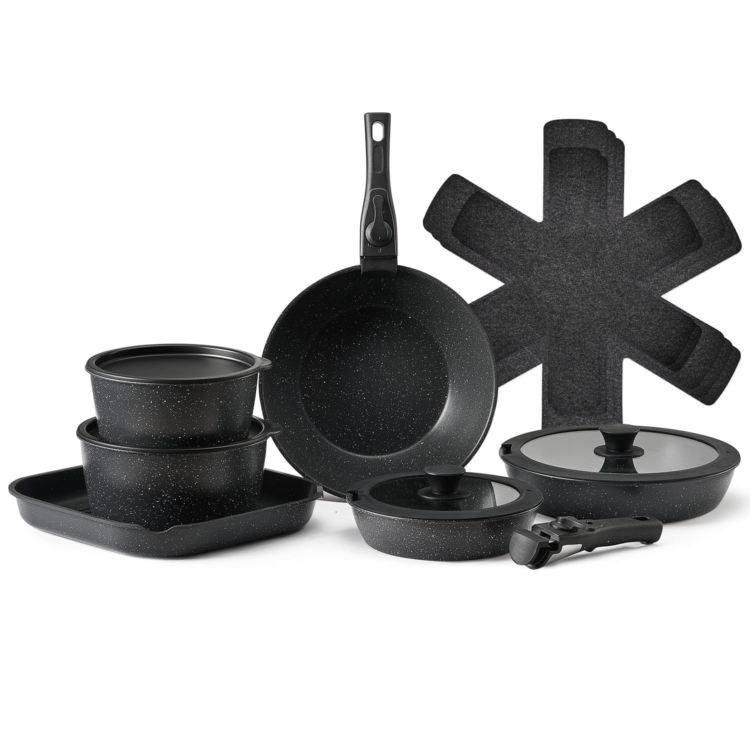 17 piece pots and pans set, granite nonstick detachable handle cookware, space saving induction cookwares, kitchen rv cooking sets with frying, sauce, saute, tempered glass lid, oven safe, black