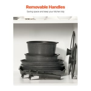 17 piece pots and pans set, granite nonstick detachable handle cookware, space saving induction cookwares, kitchen rv cooking sets with frying, sauce, saute, tempered glass lid, oven safe, black