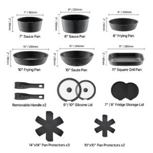 17 piece pots and pans set, granite nonstick detachable handle cookware, space saving induction cookwares, kitchen rv cooking sets with frying, sauce, saute, tempered glass lid, oven safe, black