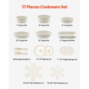 17 piece pots and pans set nonstick, detachable handle cookware, space saving induction cookware set, kitchen rv cooking sets, with frying, sauce, saute, tempered glass lids, oven safe, white