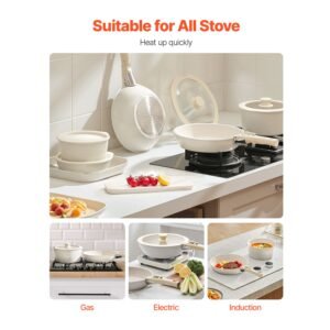 17 piece pots and pans set nonstick, detachable handle cookware, space saving induction cookware set, kitchen rv cooking sets, with frying, sauce, saute, tempered glass lids, oven safe, white