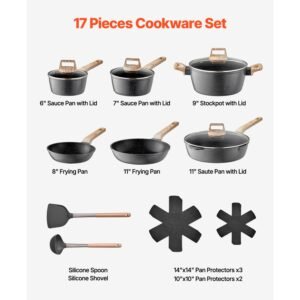 17 piece pots and pans set nonstick, granite cookware set, induction cookwares, kitchen rv cooking sets with frying, sauce, saute, tempered glass lids, and pan protectors, black