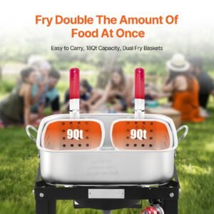 18 qt fish and wing fryer with double basket, aluminum propane fish fryer kit, outdoor deep fryer seafood pot with thermometer and 58,000 btus propane burners, for outdoor and backyard cooking