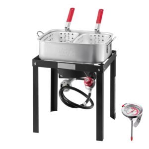 18 Qt Fish and Wing Fryer with Double Basket, Aluminum Propane Fish Fryer Kit, Outdoor Deep Fryer Seafood Pot with Thermometer and 58,000 BTUs Propane Burners, for Outdoor and Backyard Cooking