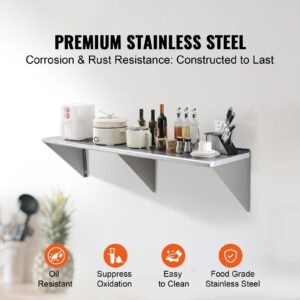 18" x 72" stainless steel shelf, wall mounted floating shelving with brackets, 500 lbs load capacity commercial shelves, heavy duty storage rack for restaurant, kitchen, bar, home, and hotel