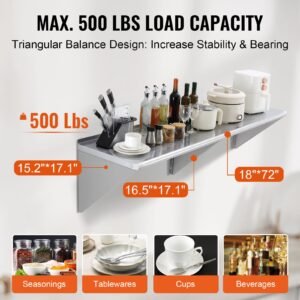18" x 72" stainless steel shelf, wall mounted floating shelving with brackets, 500 lbs load capacity commercial shelves, heavy duty storage rack for restaurant, kitchen, bar, home, and hotel