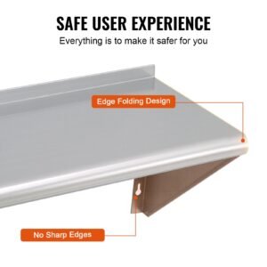 18" x 72" stainless steel shelf, wall mounted floating shelving with brackets, 500 lbs load capacity commercial shelves, heavy duty storage rack for restaurant, kitchen, bar, home, and hotel