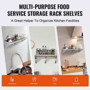18" x 72" stainless steel shelf, wall mounted floating shelving with brackets, 500 lbs load capacity commercial shelves, heavy duty storage rack for restaurant, kitchen, bar, home, and hotel