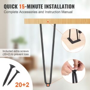 19" hairpin furniture legs, metal home diy projects for nightstand, coffee table, desk, 500lbs load capacity with rubber floor protectors, metal heavy duty sturdy modern table legs, 4pcs black