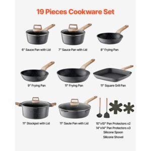 19 piece pots and pans set, granite nonstick cookware set, induction cookwares, kitchen rv cooking sets with frying, sauce, saute, tempered glass lids, and pan protectors, black