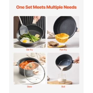 19 piece pots and pans set, granite nonstick cookware set, induction cookwares, kitchen rv cooking sets with frying, sauce, saute, tempered glass lids, and pan protectors, black