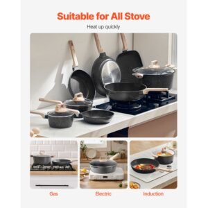 19 piece pots and pans set, granite nonstick cookware set, induction cookwares, kitchen rv cooking sets with frying, sauce, saute, tempered glass lids, and pan protectors, black