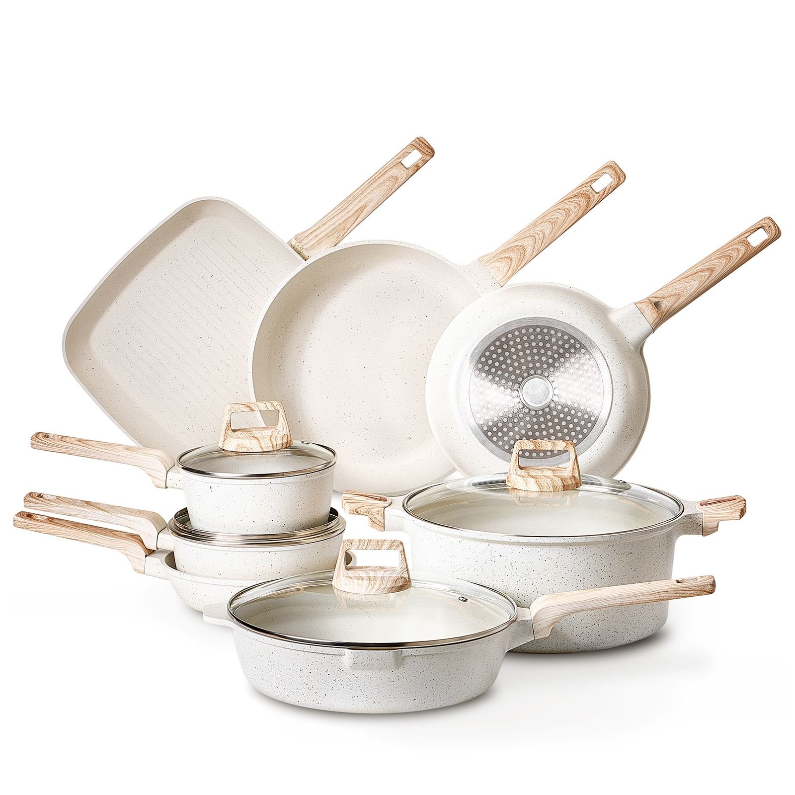 19 piece pots and pans set nonstick, granite cookware set, induction cookwares, kitchen rv cooking sets with frying, sauce, saute, tempered glass lids, and pan protectors, white