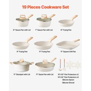 19 piece pots and pans set nonstick, granite cookware set, induction cookwares, kitchen rv cooking sets with frying, sauce, saute, tempered glass lids, and pan protectors, white