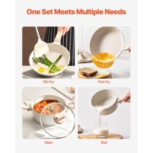 19 piece pots and pans set nonstick, granite cookware set, induction cookwares, kitchen rv cooking sets with frying, sauce, saute, tempered glass lids, and pan protectors, white