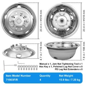 19.5 inch 10 lug wheel simulators, 304 stainless steel wheel simulator kit with mirror polished finish, 2 front and 2 rear wheel covers fit for for ford f450/f550 (2005 2020), 4 pcs