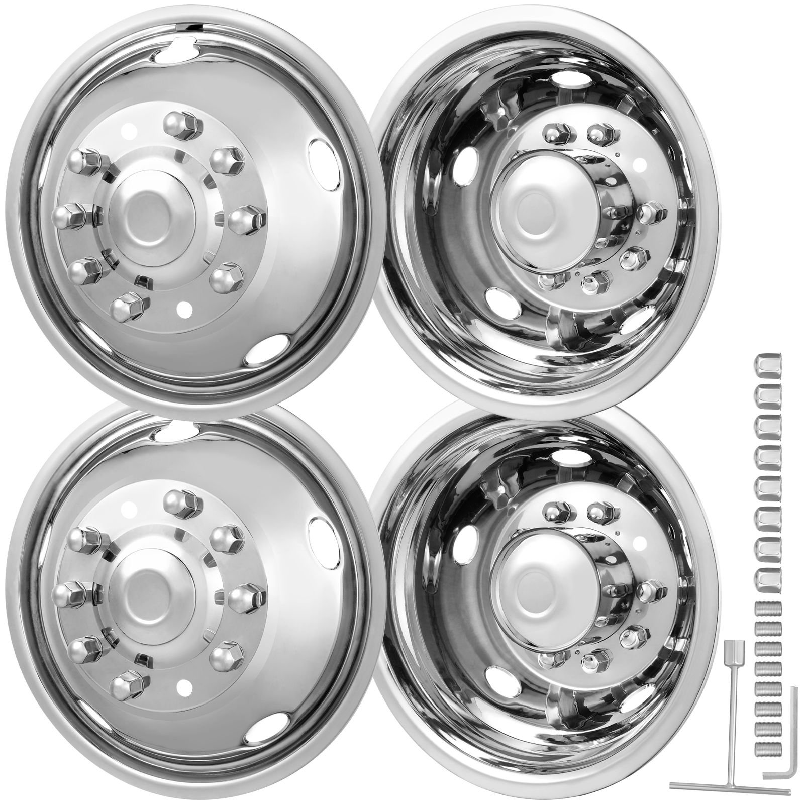 19.5 inch 10 lug wheel simulators, 304 stainless steel wheel simulator kit with mirror polished finish, 2 front and 2 rear wheel covers fit for for ford f450/f550 (2005 2020), 4 pcs