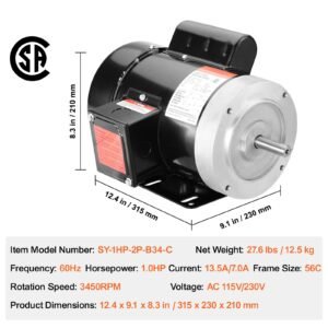 1hp electric motor 3450 rpm, ac 115v/230v, 56c frame, air compressor motor single phase, 5/8" keyed shaft, cw/ccw rotation for agricultural machinery and general equipment