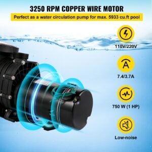 1hp swimming pool pump, dual voltage 110v/220v, circulates 5544gph for efficient water movement above pools, includes strainer basket & two 1 1/2'' npt connectors