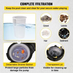 1hp swimming pool pump, dual voltage 110v/220v, circulates 5544gph for efficient water movement above pools, includes strainer basket & two 1 1/2'' npt connectors