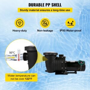 1hp swimming pool pump, dual voltage 110v/220v, circulates 5544gph for efficient water movement above pools, includes strainer basket & two 1 1/2'' npt connectors