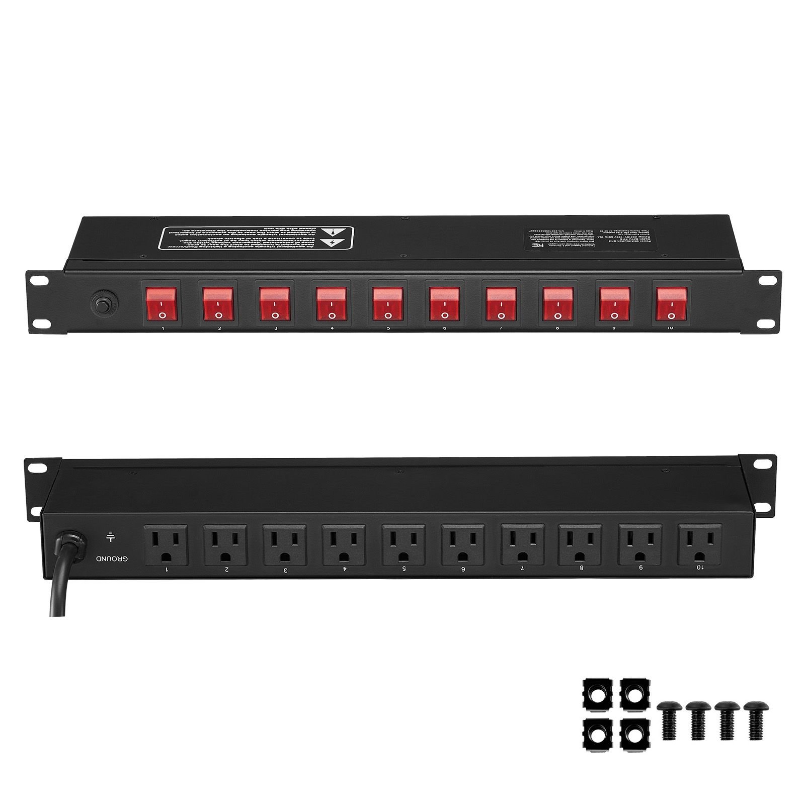 1u pdu, 10 outlets, rack mount power strip fits standard 19" server racks, with independent switch surge protection & overload protection, 110 125v/15a, ideal for home and office