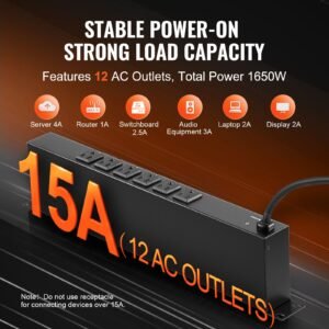 1u pdu, 12 outlets, rack mount power strip fits standard 19" server racks, with integrated switch surge protection & overload protection, 110 125v/15a, ideal for home and office