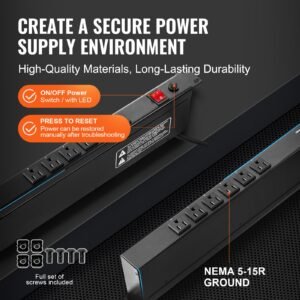 1u pdu, 12 outlets, rack mount power strip fits standard 19" server racks, with integrated switch surge protection & overload protection, 110 125v/15a, ideal for home and office