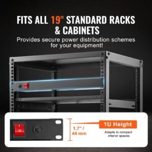 1u pdu, 8 outlets, rack mount power strip fits standard 19" server racks, with integrated switch surge protection & overload protection, 110 125v/15a, ideal for home and office
