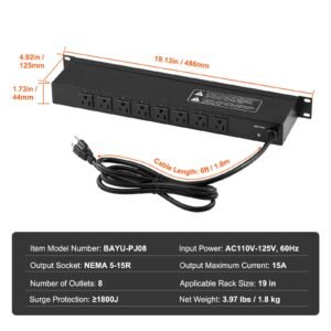 1u pdu, 8 outlets, rack mount power strip fits standard 19" server racks, with integrated switch surge protection & overload protection, 110 125v/15a, ideal for home and office