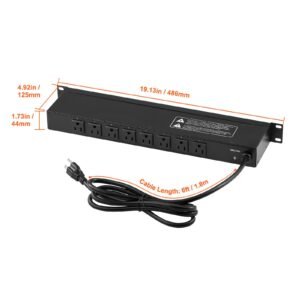 1u pdu, 8 outlets, rack mount power strip fits standard 19" server racks, with integrated switch surge protection & overload protection, 110 125v/15a, ideal for home and office