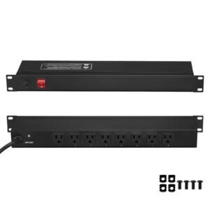 1u pdu, 8 outlets, rack mount power strip fits standard 19" server racks, with integrated switch surge protection & overload protection, 110 125v/15a, ideal for home and office