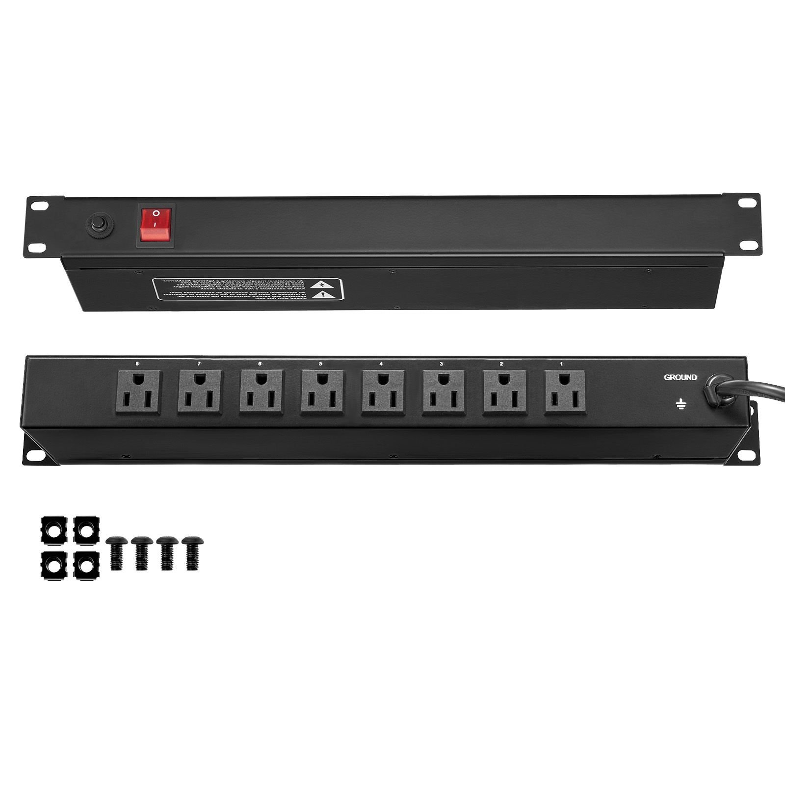 1u pdu, 8 outlets, rack mount power strip fits standard 19" server racks, with integrated switch surge protection & overload protection, 110 125v/15a, ideal for home and office